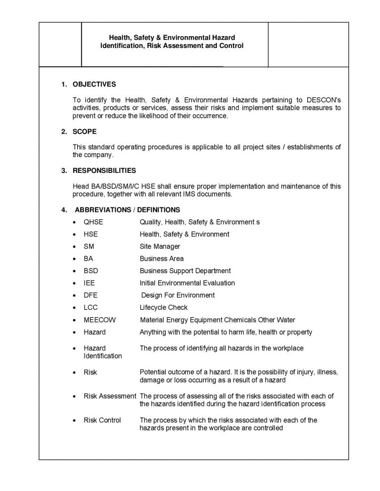 Hse Hazard Identification Risk Assessment And Control Sop Hse Docs