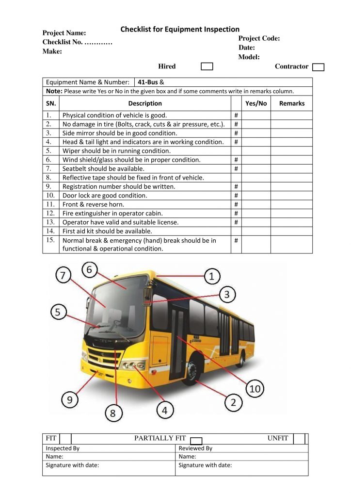 Checklist for Equipment Inspection Bus