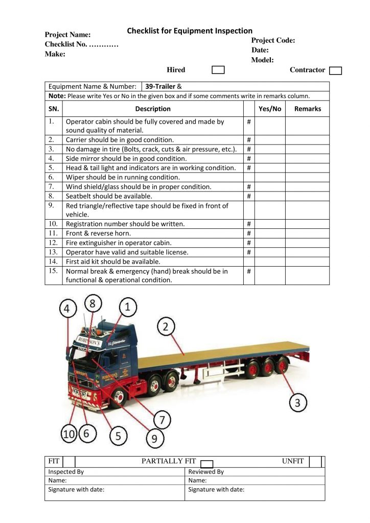 Checklist for Equipment Inspection Trailer