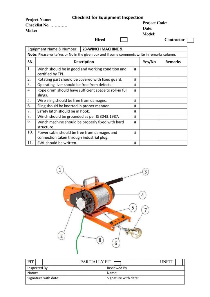 Checklist for Equipment Inspection Winch Machine 